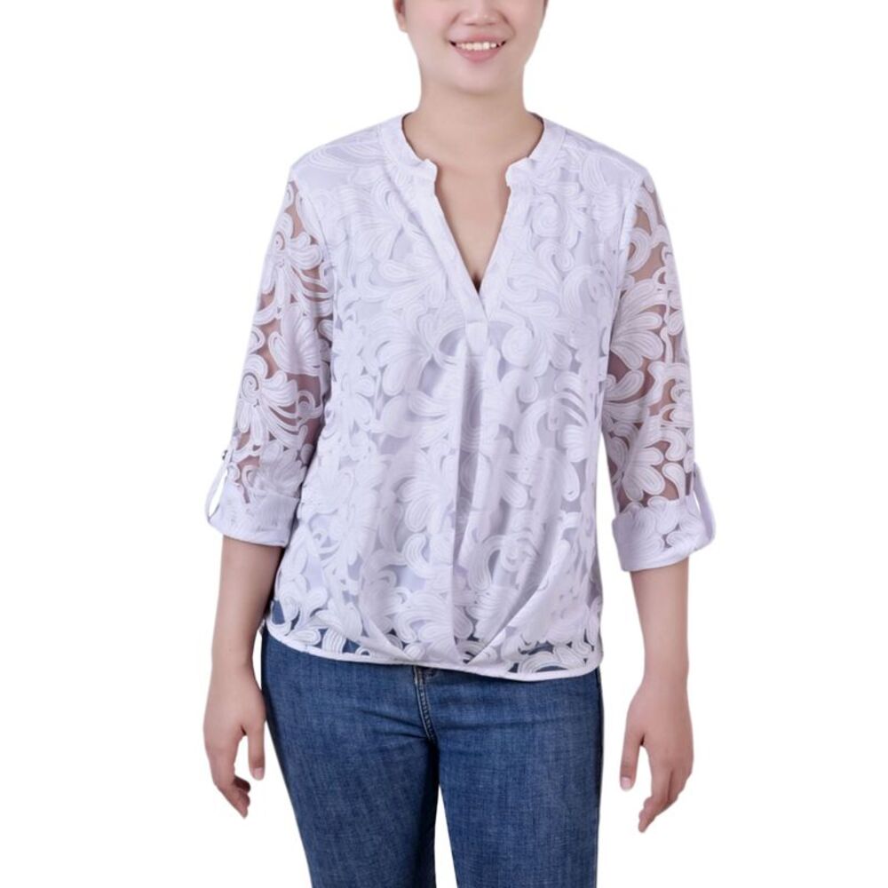 NY Collection Petite Long Sleeve Burnout Y-Neck Blouse